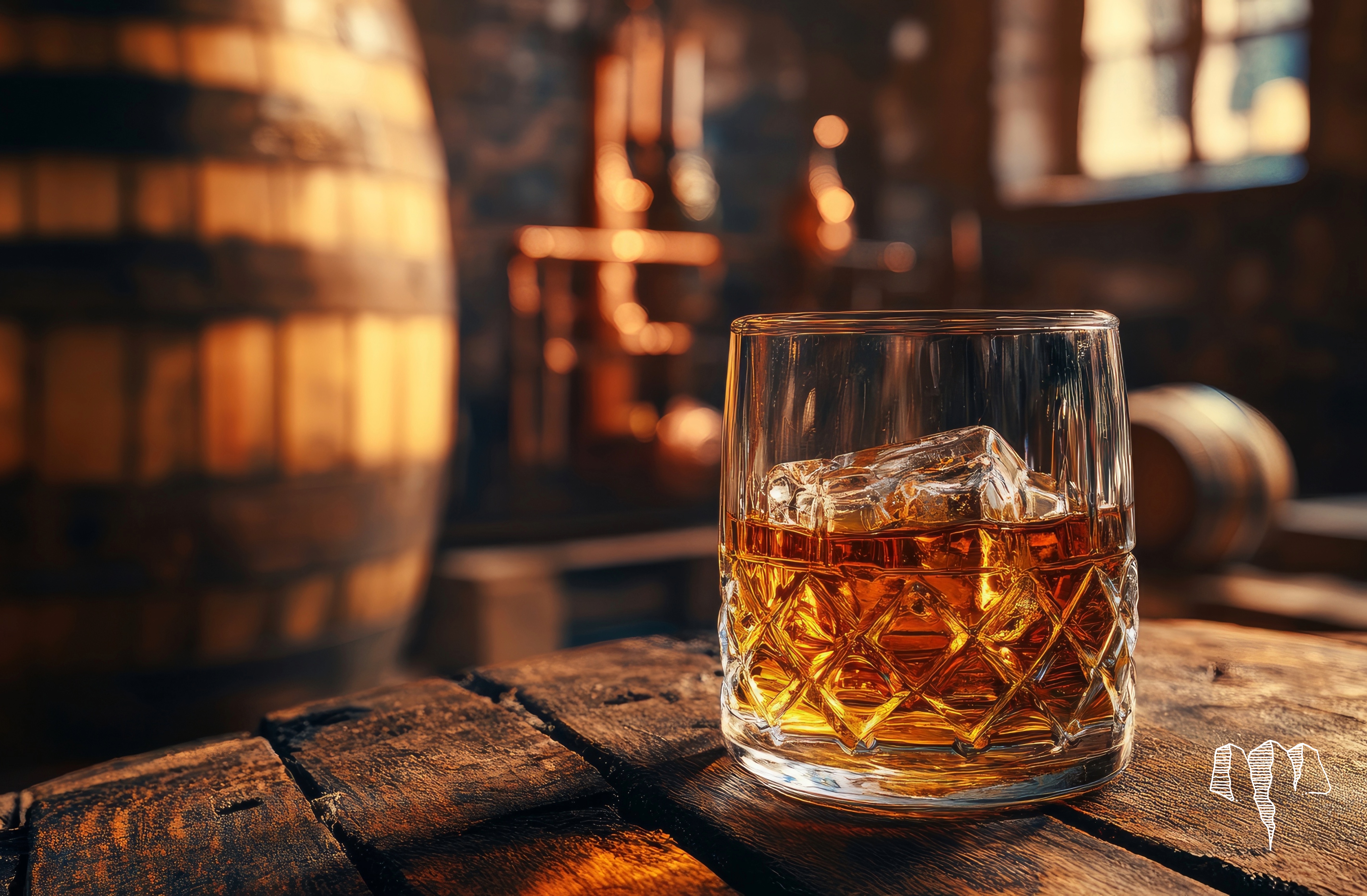 Scottish whiskey on a table with whiskey barrels in background. Whiskey while hiking the west highland way
